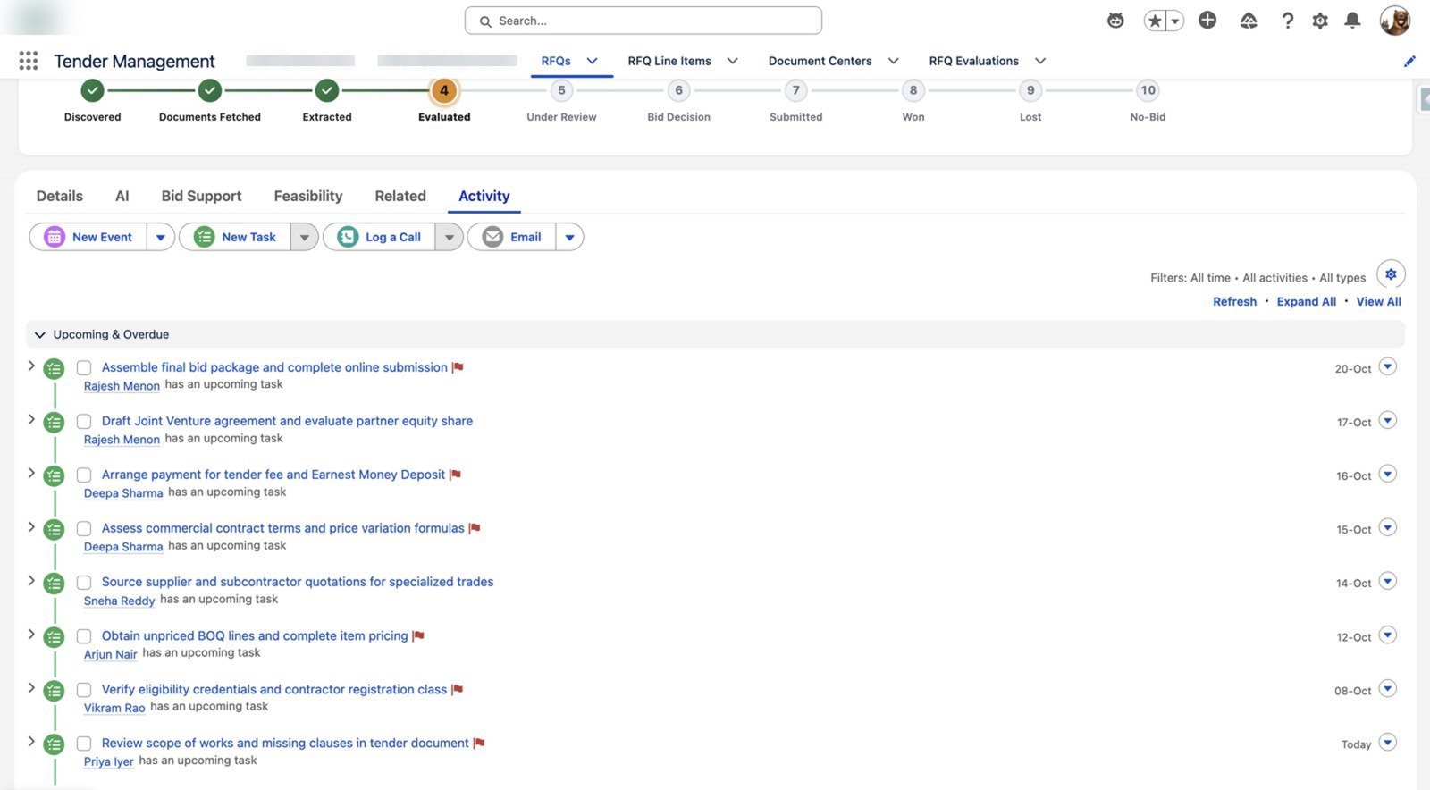 Bid tasks on the timeline – Agentforce government tender management in Salesforce