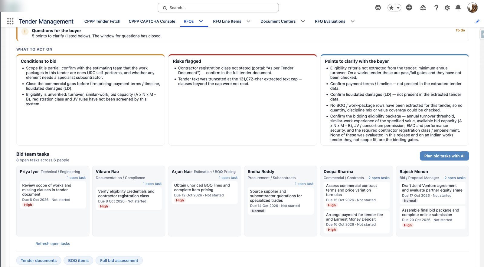 Conditions, risks and bid team tasks – Agentforce government tender management in Salesforce