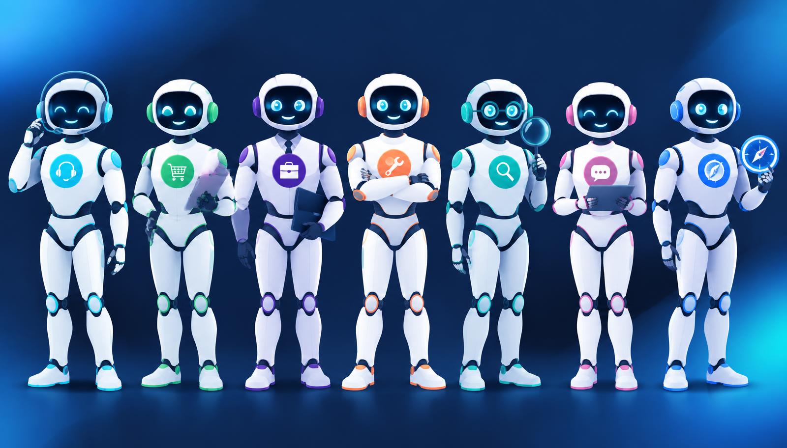 Seven named Salesforce Agentforce AI agents lined up as a digital workforce, each with a distinct business role