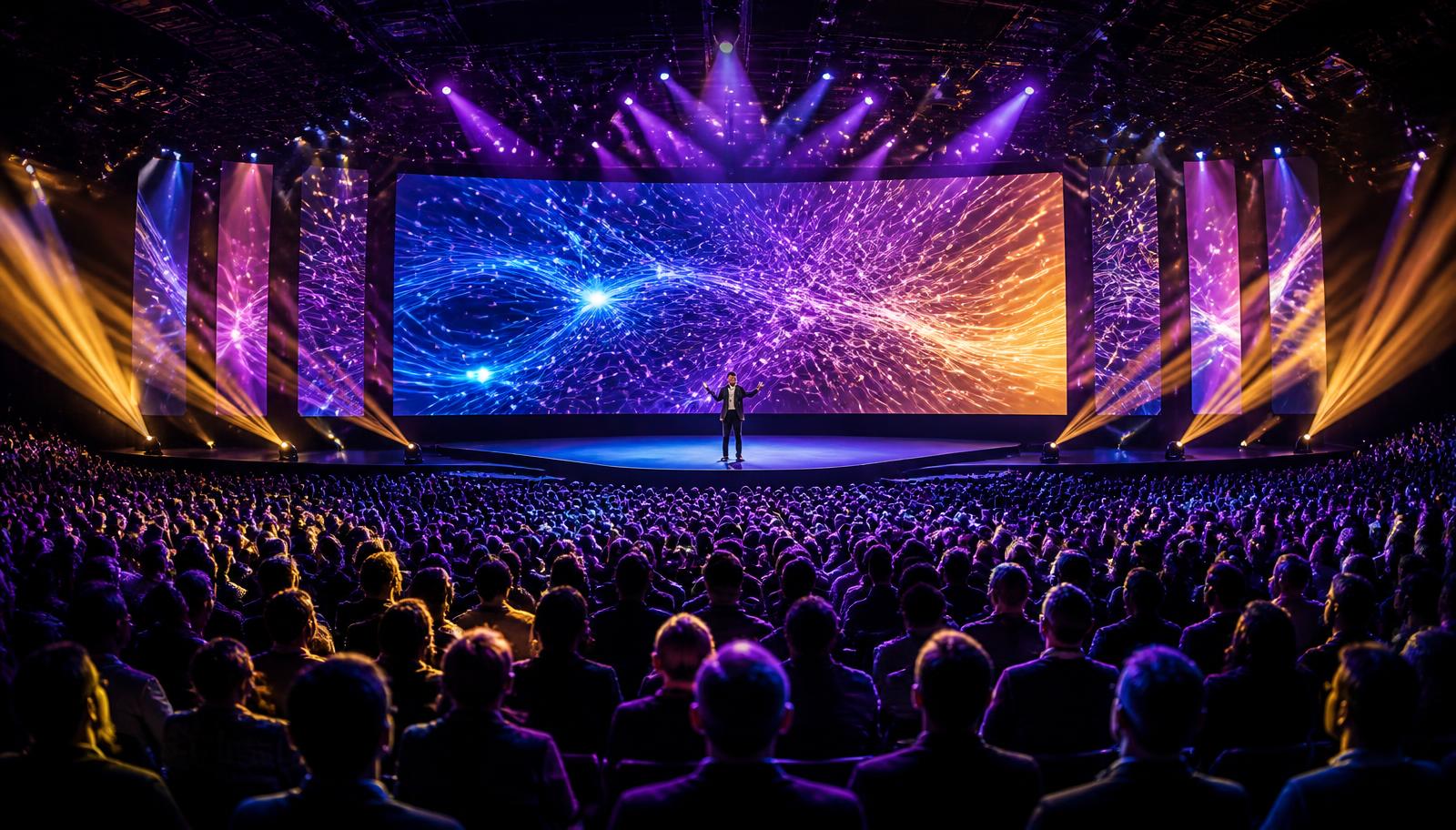 Dreamforce 2026 keynote stage with AI-themed lighting and a packed auditorium