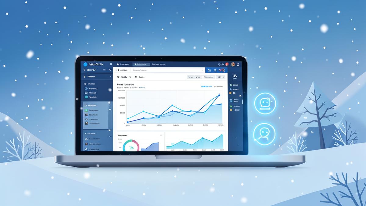 Sales Cloud Winter '27 illustration of an AI-assisted sales pipeline dashboard in a winter theme