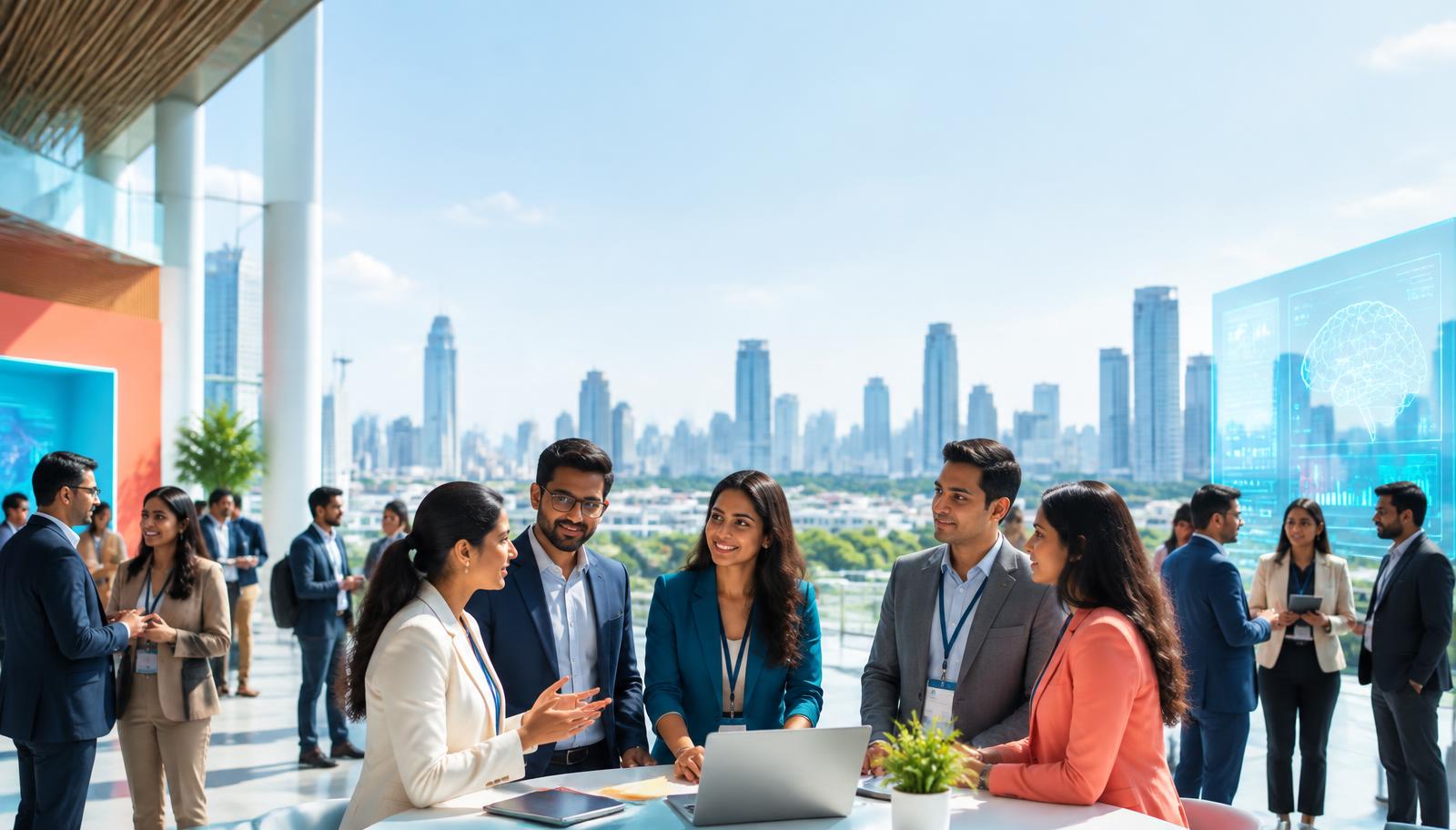Indian business and technology leaders collaborating at a modern AI innovation event