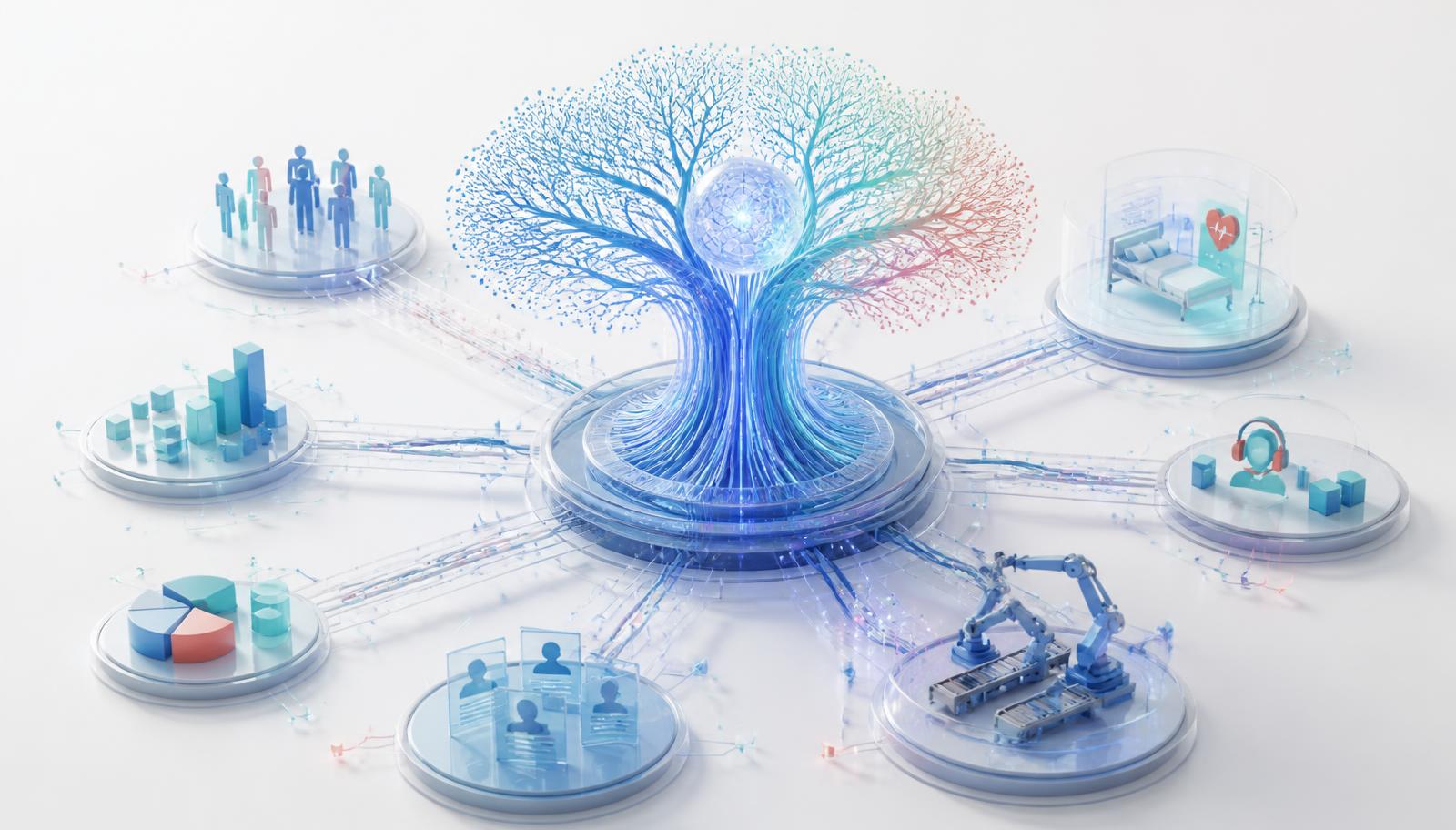 Abstract CRM reasoning network connecting customer, healthcare, service, analytics and manufacturing workflows