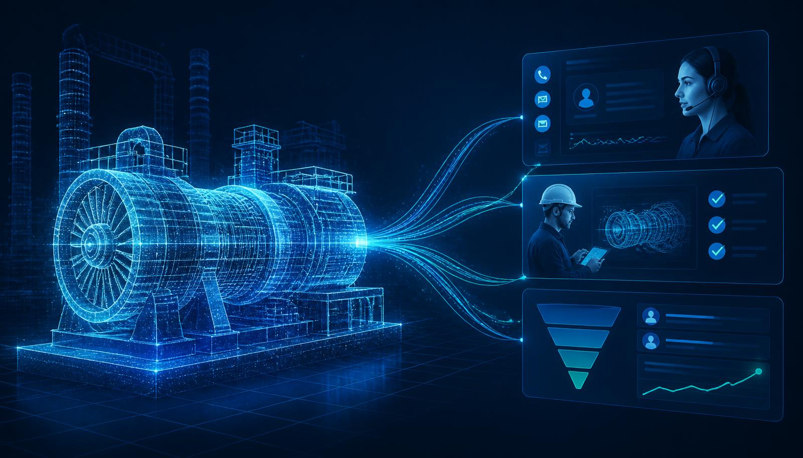 Industrial digital twin hologram of a turbine connected to sales, service and customer workflow panels