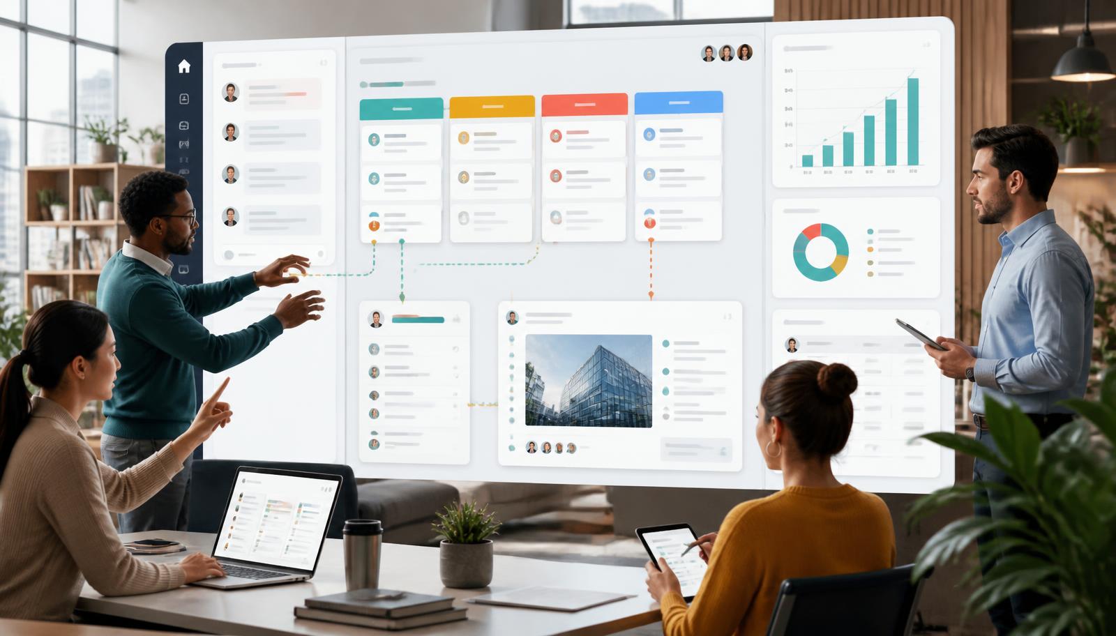 Enterprise team collaborating around live dashboards, workflow boards and connected data inside a shared digital workspace