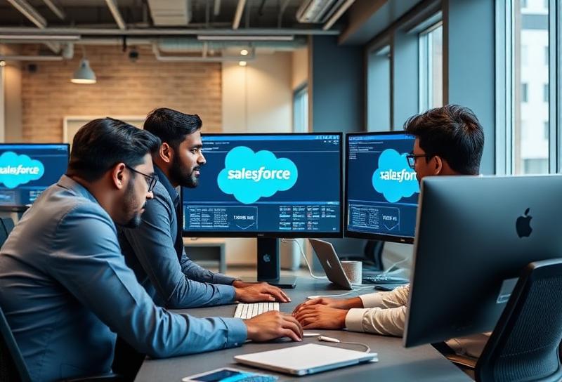 Salesforce developers collaborating in a modern office